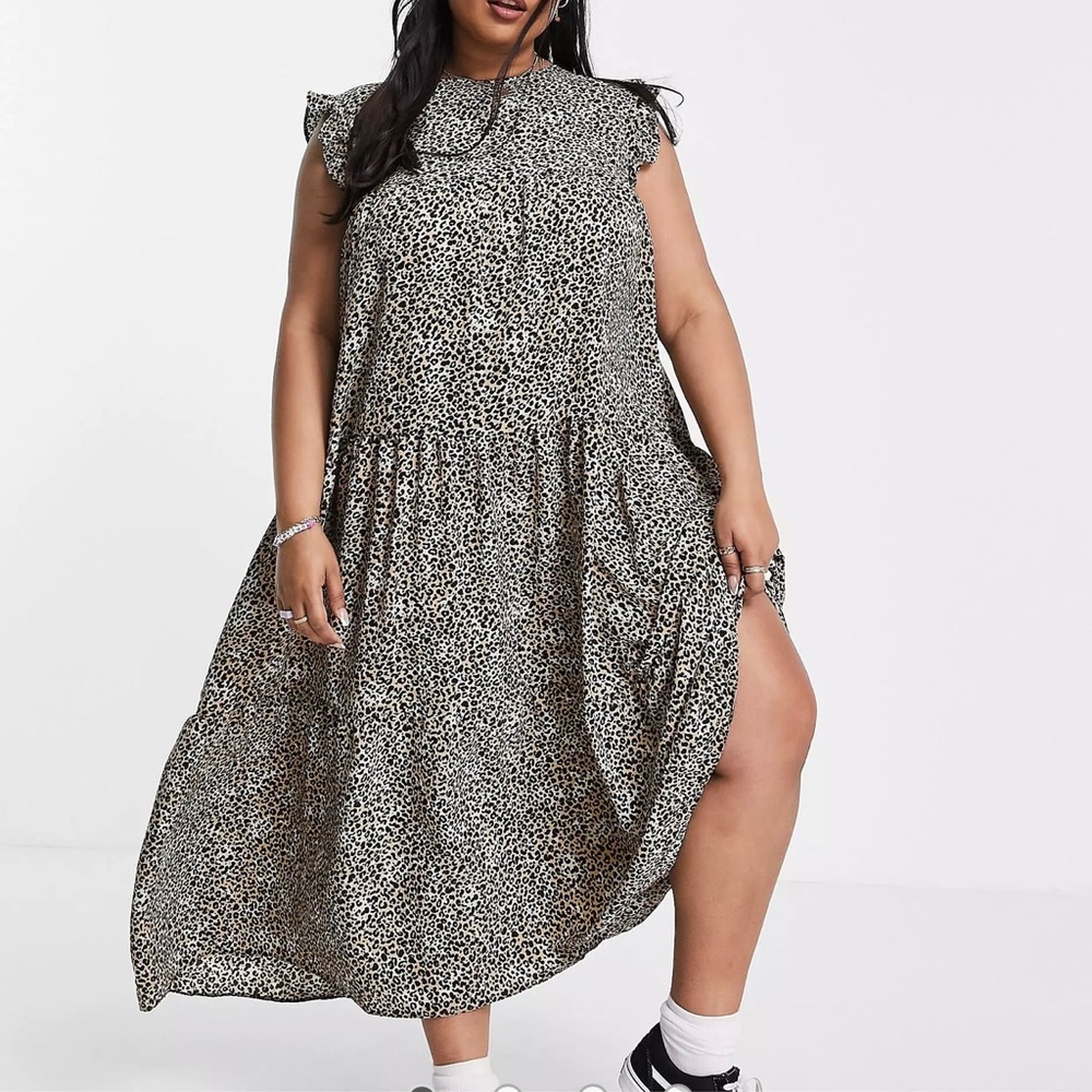 ASOS Curve sleeveless tired midi dress with frills in leopard print.